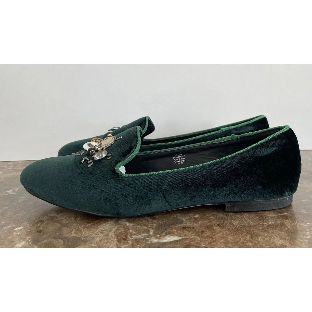 Vintage Havana Green Velvet‎ Flats Beaded Bees Dragonflies Holiday Old Money 8.5